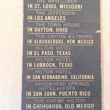 Vintage Matchbook Cover Hilton Hotels Across the Nation Spain Mexico Puerto Rico Locations Advertising