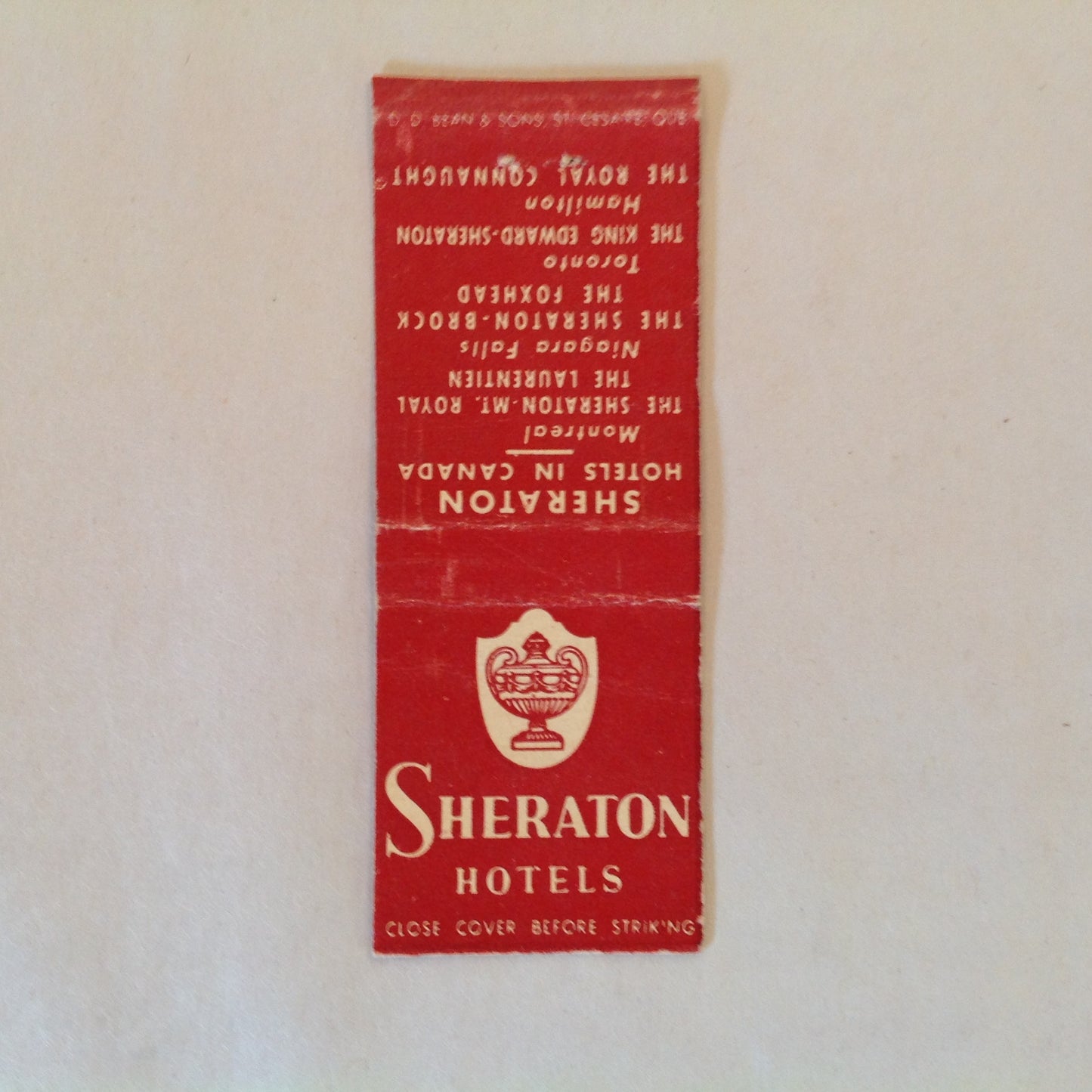Vintage Matchbook Cover Sheraton Hotels Canada Original Logo Lamp Urn Locales