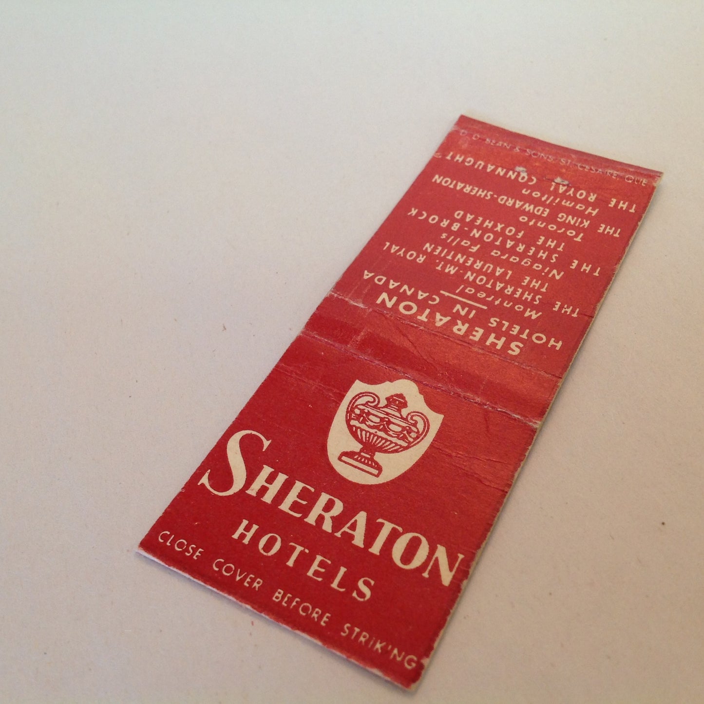Vintage Matchbook Cover Sheraton Hotels Canada Original Logo Lamp Urn Locales