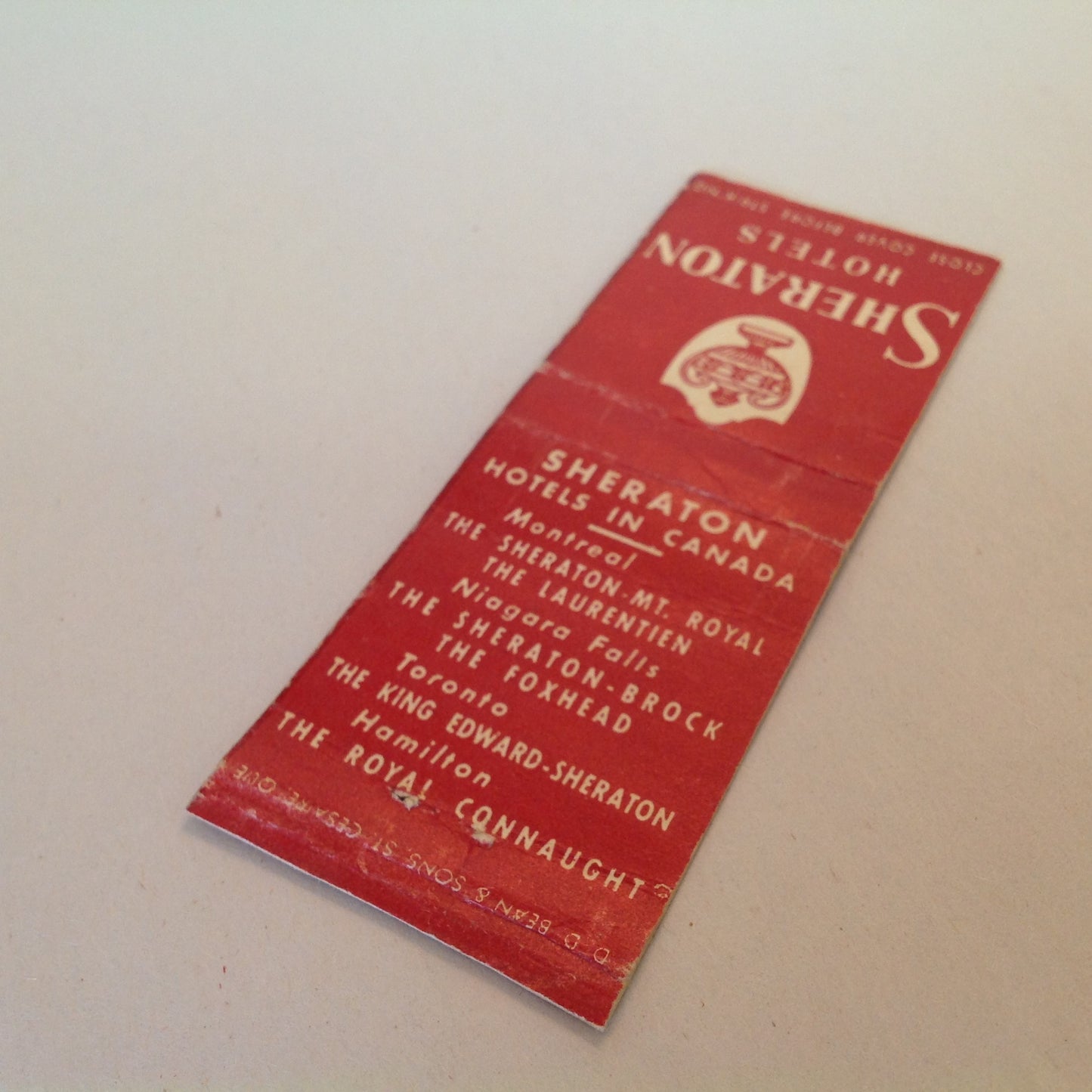 Vintage Matchbook Cover Sheraton Hotels Canada Original Logo Lamp Urn Locales