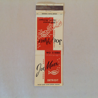 Vintage Matchbook Cover Joe Muer Sea Food Restaurant Gratiot Detroit Michigan