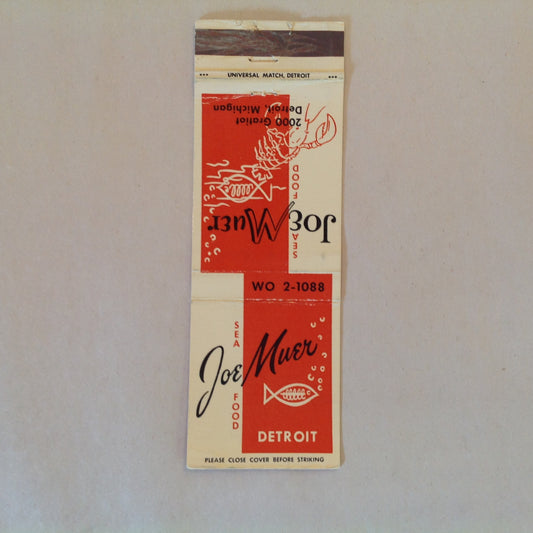 Vintage Matchbook Cover Joe Muer Sea Food Restaurant Gratiot Detroit Michigan