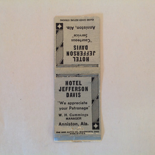 Vintage Matchbook Cover Hotel Jefferson Davis Anniston Alabama Modern Fireproof AL