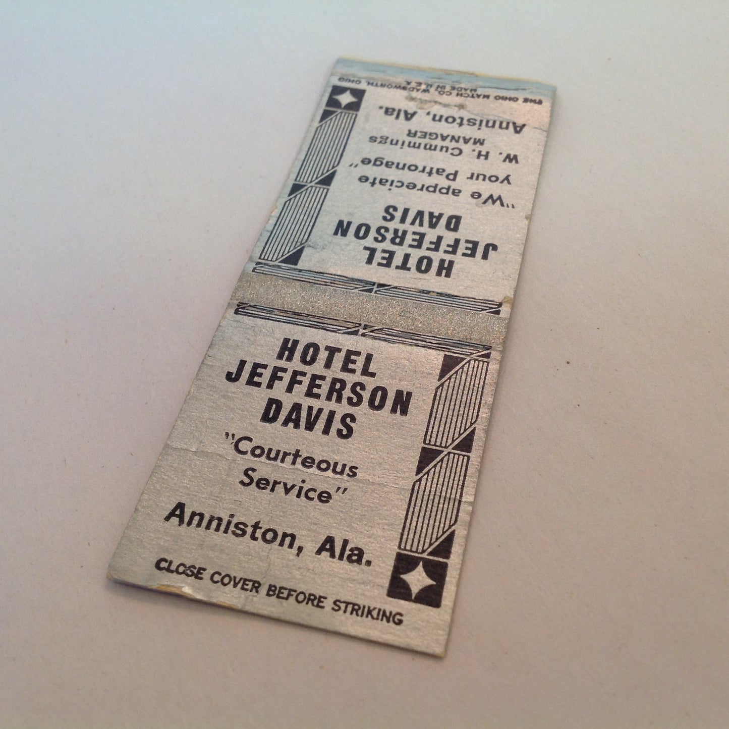 Vintage Matchbook Cover Hotel Jefferson Davis Anniston Alabama Modern Fireproof AL