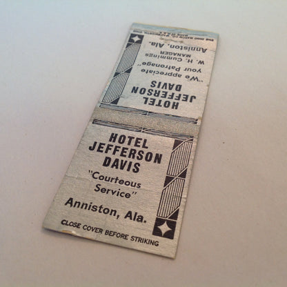 Vintage Matchbook Cover Hotel Jefferson Davis Anniston Alabama Modern Fireproof AL