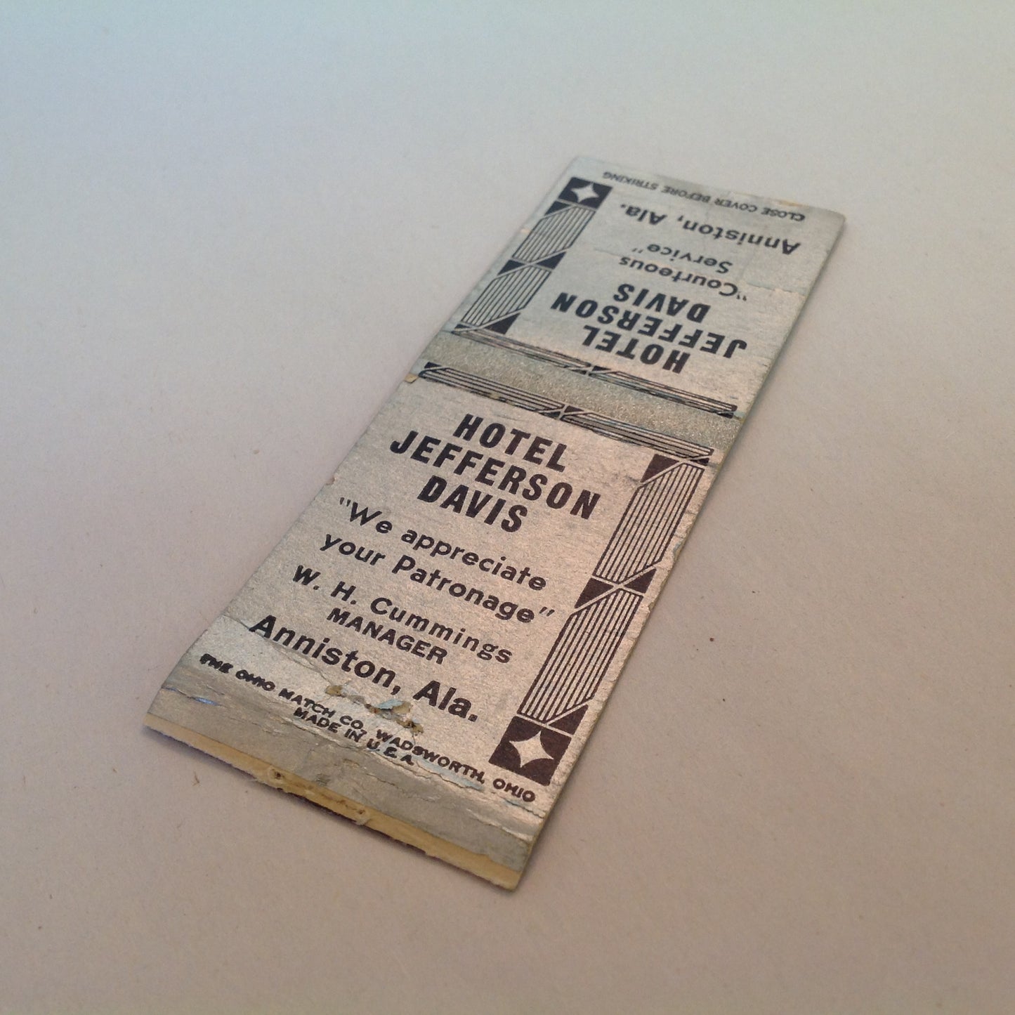 Vintage Matchbook Cover Hotel Jefferson Davis Anniston Alabama Modern Fireproof AL
