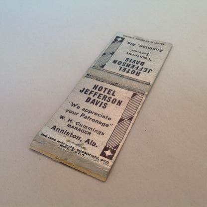 Vintage Matchbook Cover Hotel Jefferson Davis Anniston Alabama Modern Fireproof AL