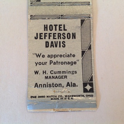 Vintage Matchbook Cover Hotel Jefferson Davis Anniston Alabama Modern Fireproof AL