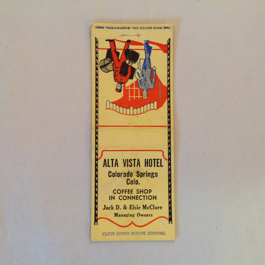 Vintage Matchbook Cover Alta Vista Hotel Colorado Springs Coffee Shop Jack Elsie CO
