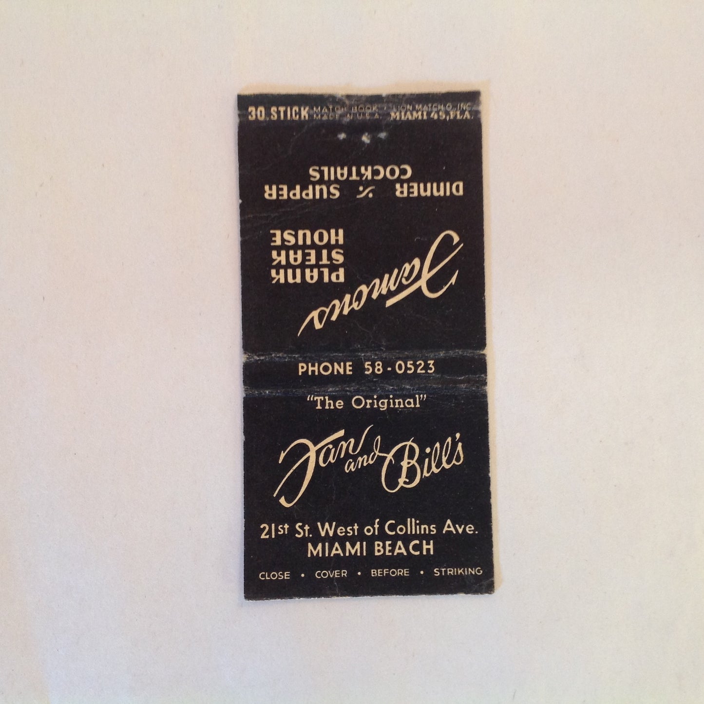 Vintage Matchbook Cover Dan and Bill's Original Famous Plank Steak House Miami Beach