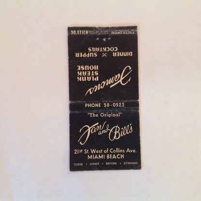 Vintage Matchbook Cover Dan and Bill's Original Famous Plank Steak House Miami Beach