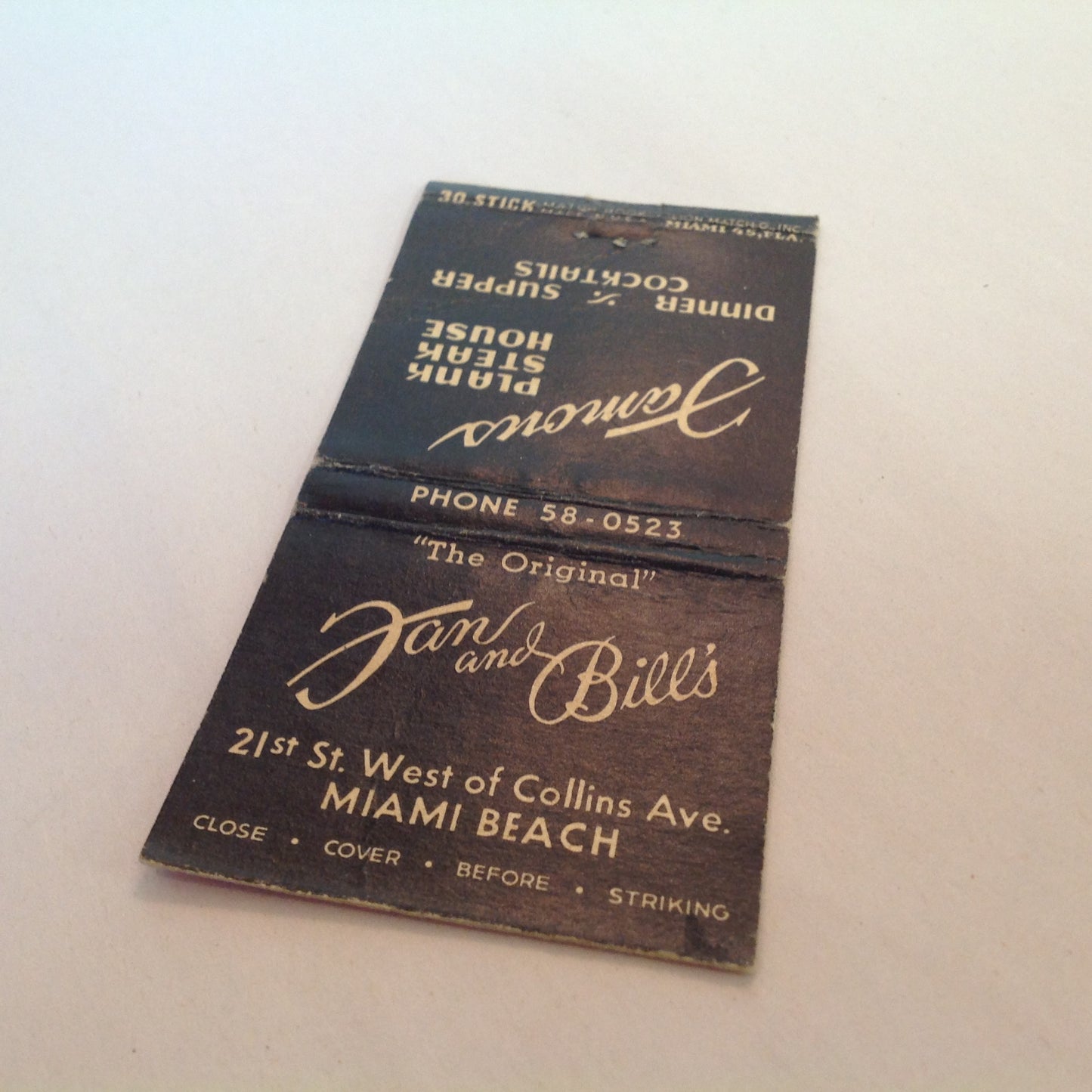 Vintage Matchbook Cover Dan and Bill's Original Famous Plank Steak House Miami Beach