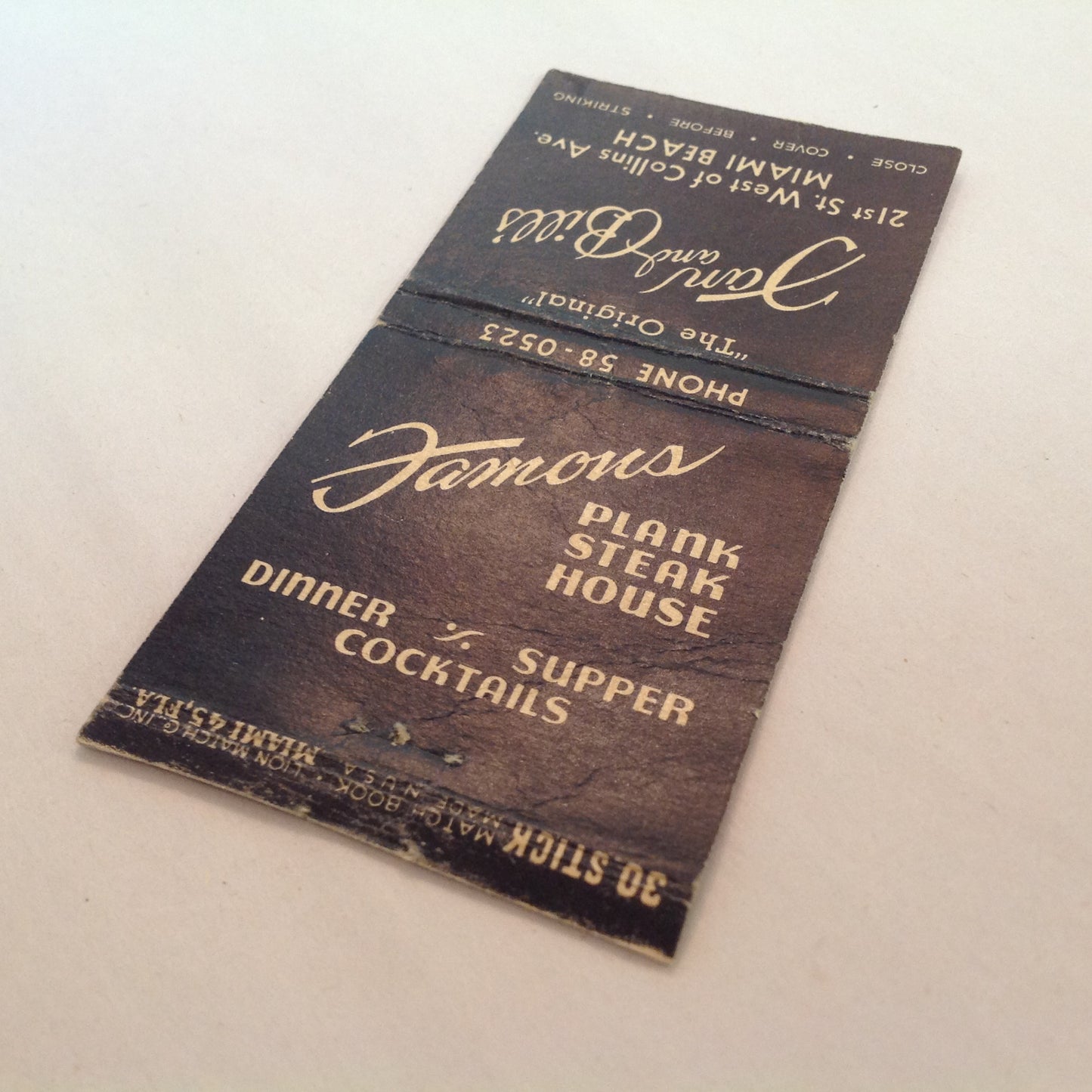 Vintage Matchbook Cover Dan and Bill's Original Famous Plank Steak House Miami Beach