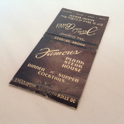 Vintage Matchbook Cover Dan and Bill's Original Famous Plank Steak House Miami Beach