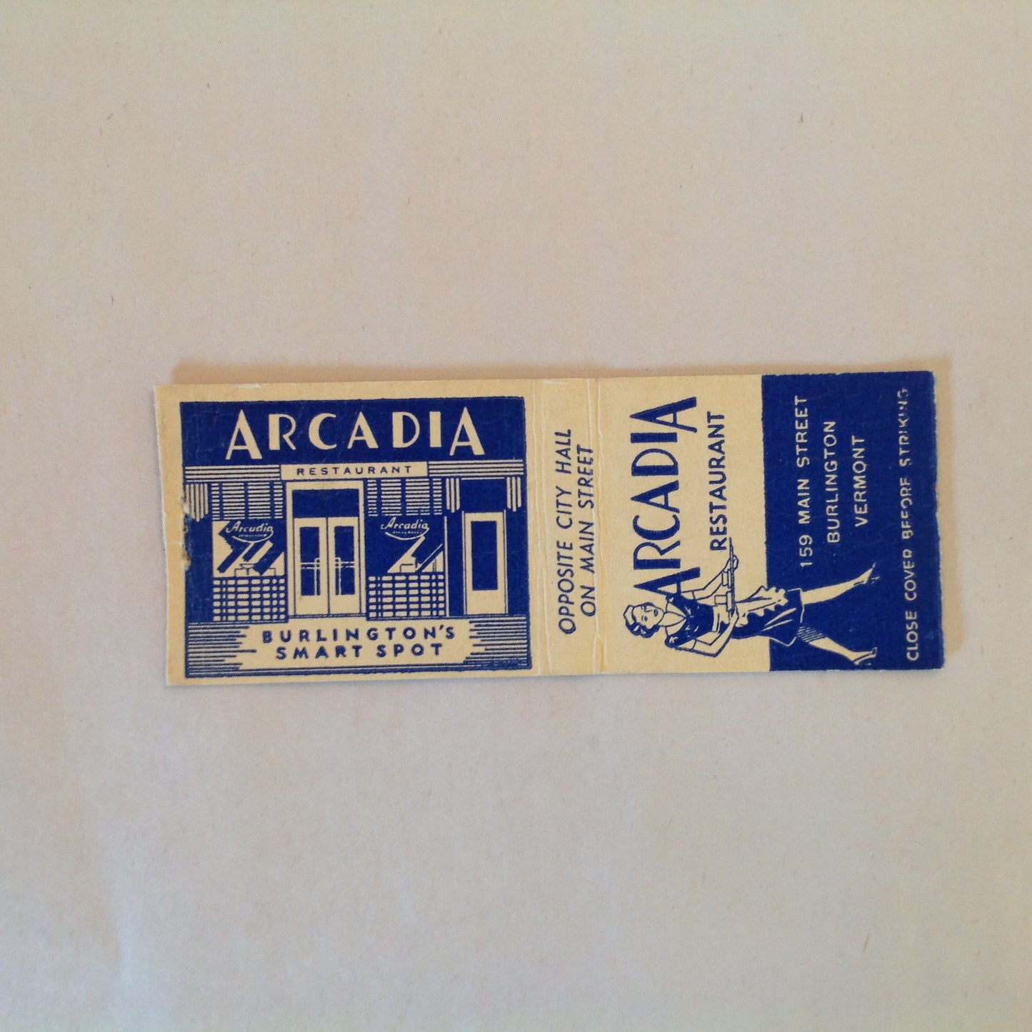 Vintage Matchbook Cover Arcadia Restaurant Main Street Burlington Vermont Smart Spot