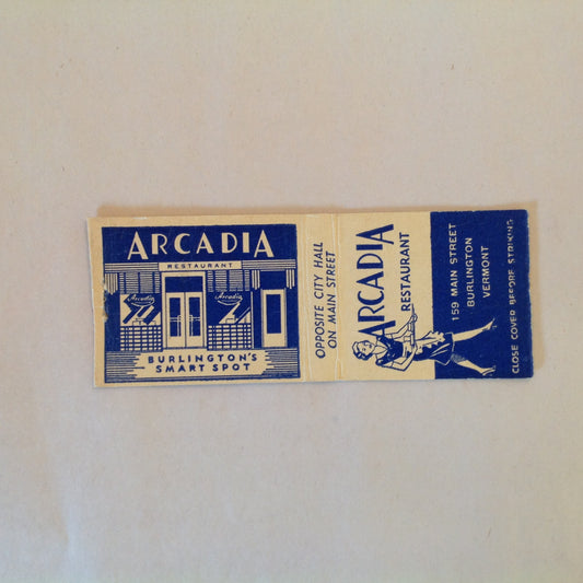 Vintage Matchbook Cover Arcadia Restaurant Main Street Burlington Vermont Smart Spot