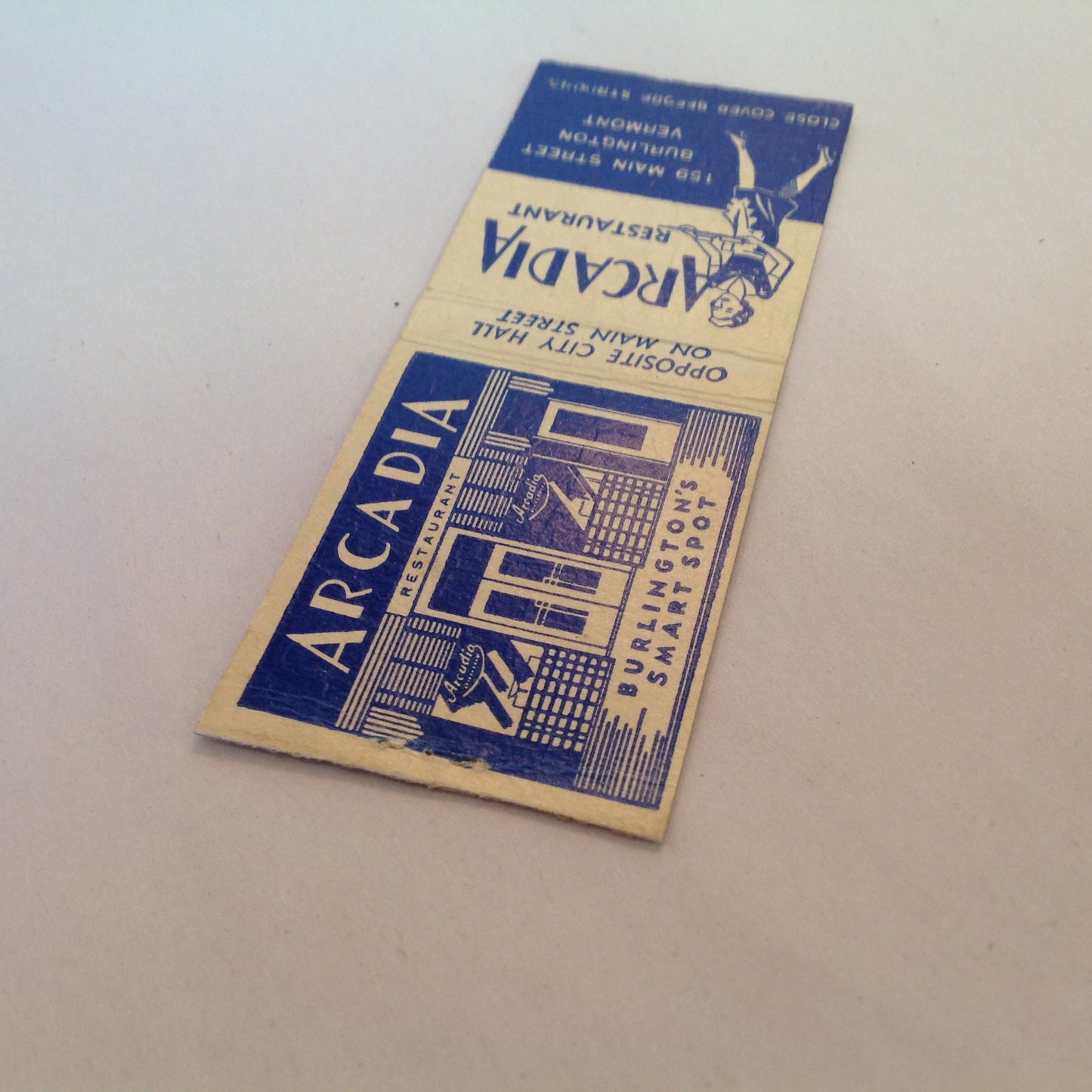 Vintage Matchbook Cover Arcadia Restaurant Main Street Burlington Vermont Smart Spot