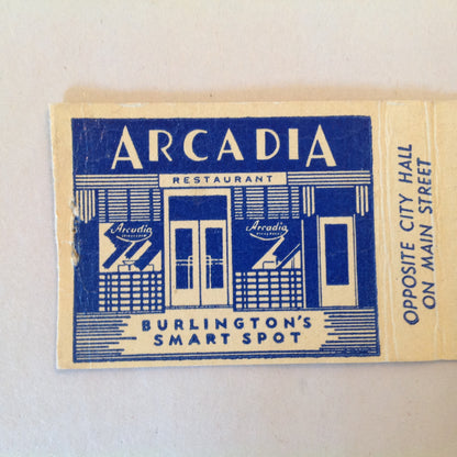 Vintage Matchbook Cover Arcadia Restaurant Main Street Burlington Vermont Smart Spot