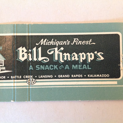 Vintage Matchbook Cover Michigan's Finest Bill Knapp's A Snack or A Meal MI Locales