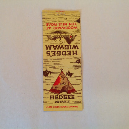 Vintage Matchbook Cover Hedge's Wigwam Detroit Ten Mile Woodward Excellent Food MI