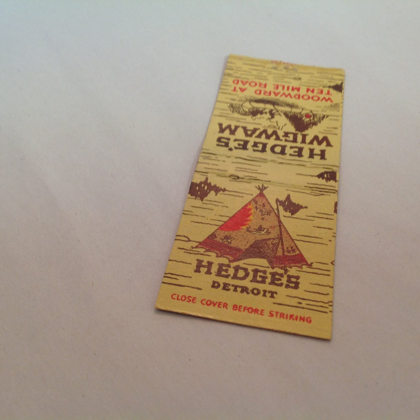 Vintage Matchbook Cover Hedge's Wigwam Detroit Ten Mile Woodward Excellent Food MI