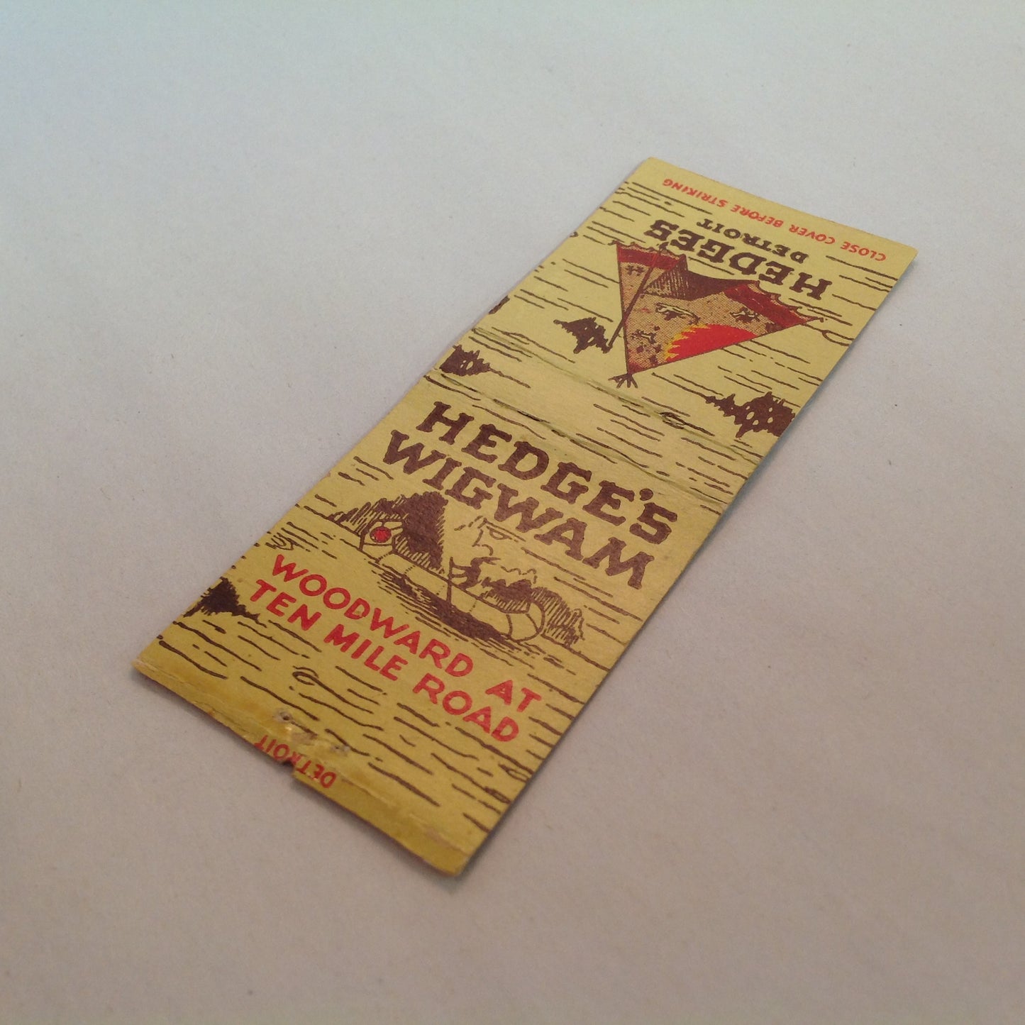 Vintage Matchbook Cover Hedge's Wigwam Detroit Ten Mile Woodward Excellent Food MI
