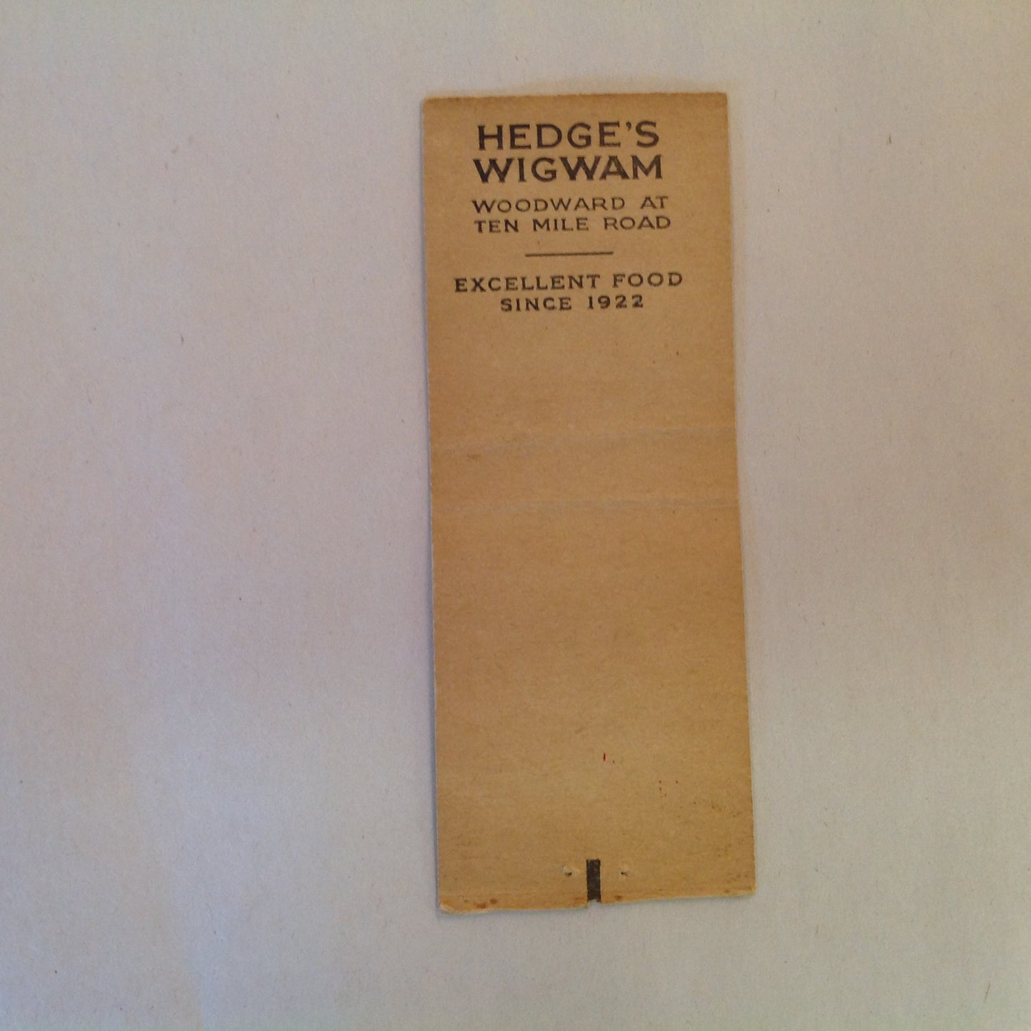 Vintage Matchbook Cover Hedge's Wigwam Detroit Ten Mile Woodward Excellent Food MI