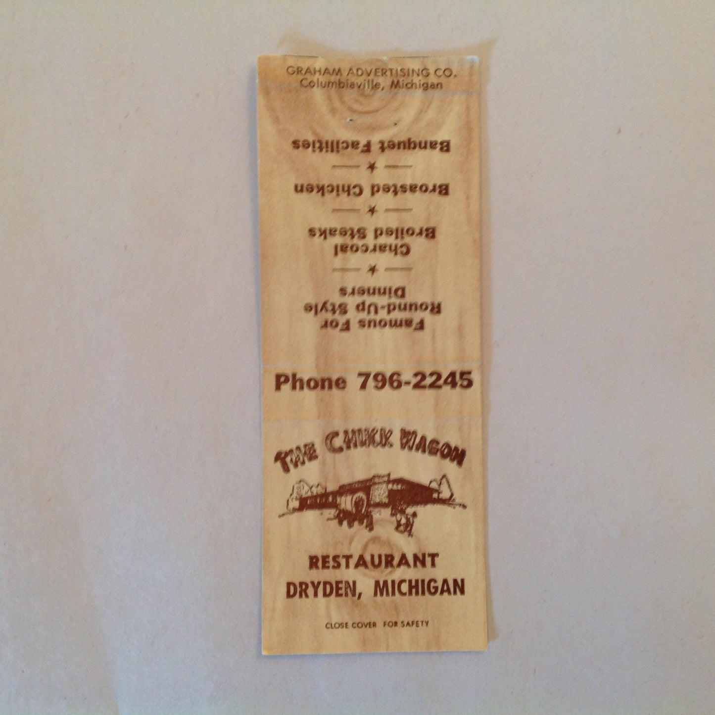 Vintage Matchbook Cover The Chuck Wagon Restaurant Dryden Michigan Round Up Style MI