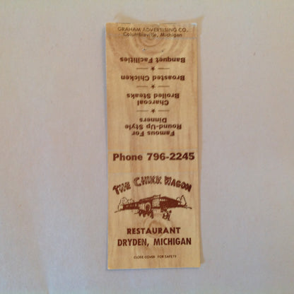 Vintage Matchbook Cover The Chuck Wagon Restaurant Dryden Michigan Round Up Style MI