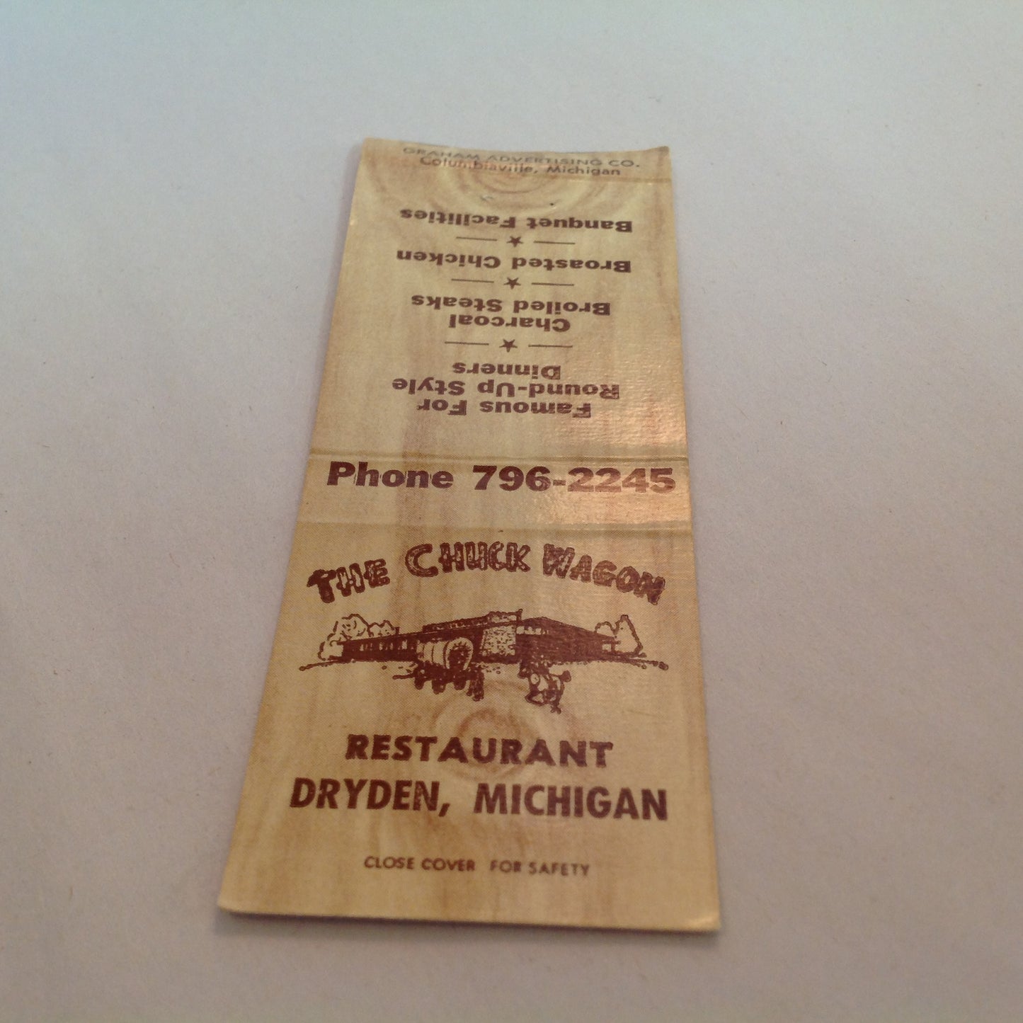 Vintage Matchbook Cover The Chuck Wagon Restaurant Dryden Michigan Round Up Style MI