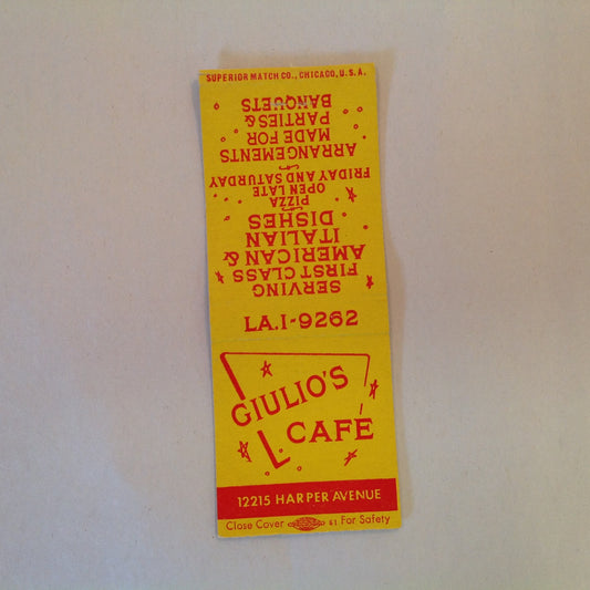 Vintage Matchbook Cover Giulio's Cafe First-Class Italian American Dishes Detroit MI