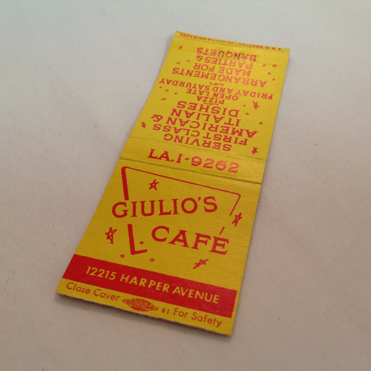 Vintage Matchbook Cover Giulio's Cafe First-Class Italian American Dishes Detroit MI