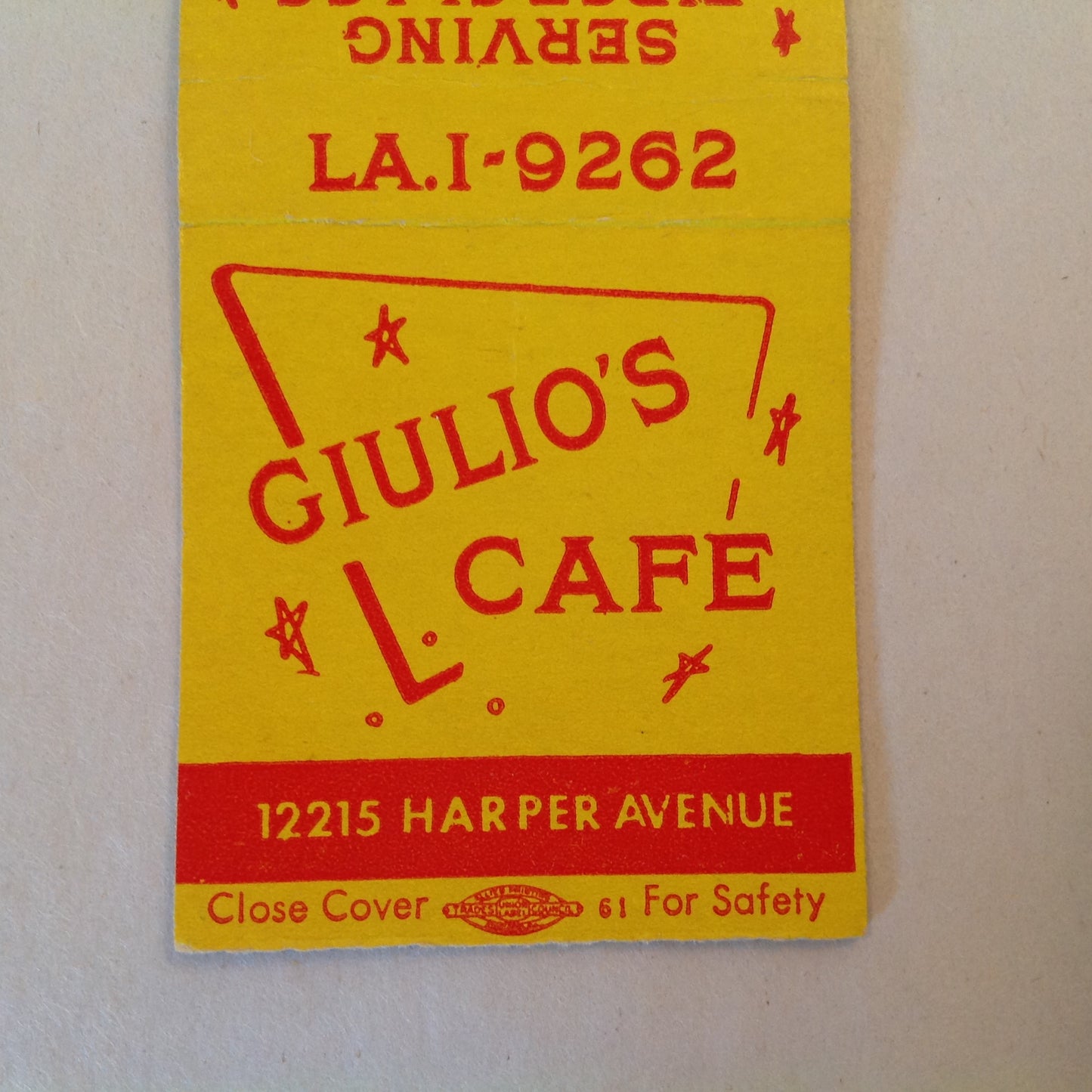 Vintage Matchbook Cover Giulio's Cafe First-Class Italian American Dishes Detroit MI