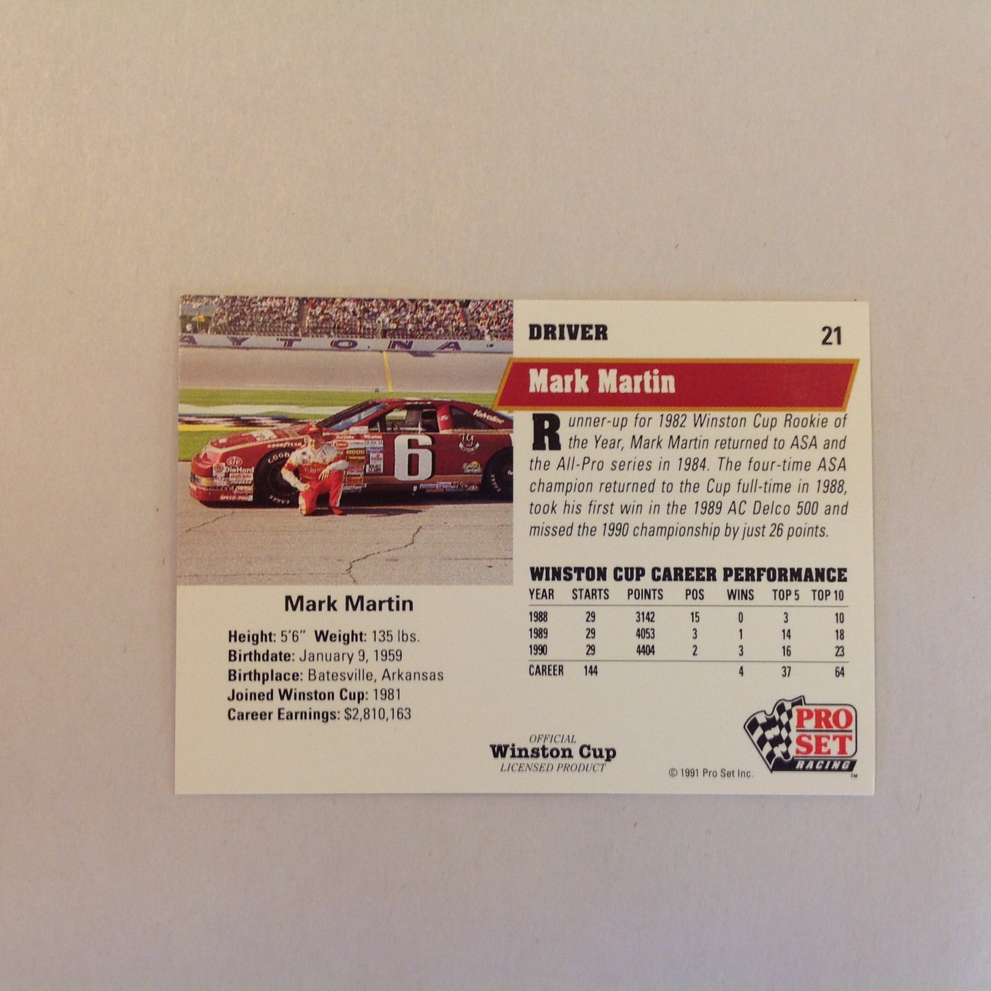 Vtg 1991 Pro Set Racing Signed Card Mark Martin Ford Driver NASCAR Autographed