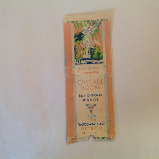 Vintage Matchbook Cover Cascade Room Luncheons Dinners Cocktails Woodward Detroit MI
