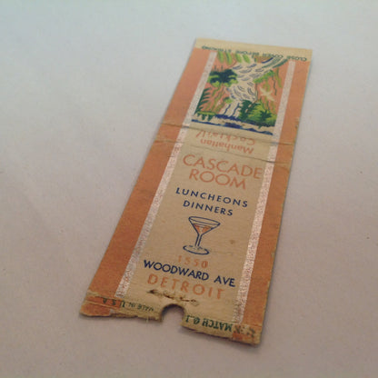 Vintage Matchbook Cover Cascade Room Luncheons Dinners Cocktails Woodward Detroit MI