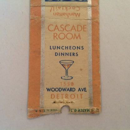 Vintage Matchbook Cover Cascade Room Luncheons Dinners Cocktails Woodward Detroit MI