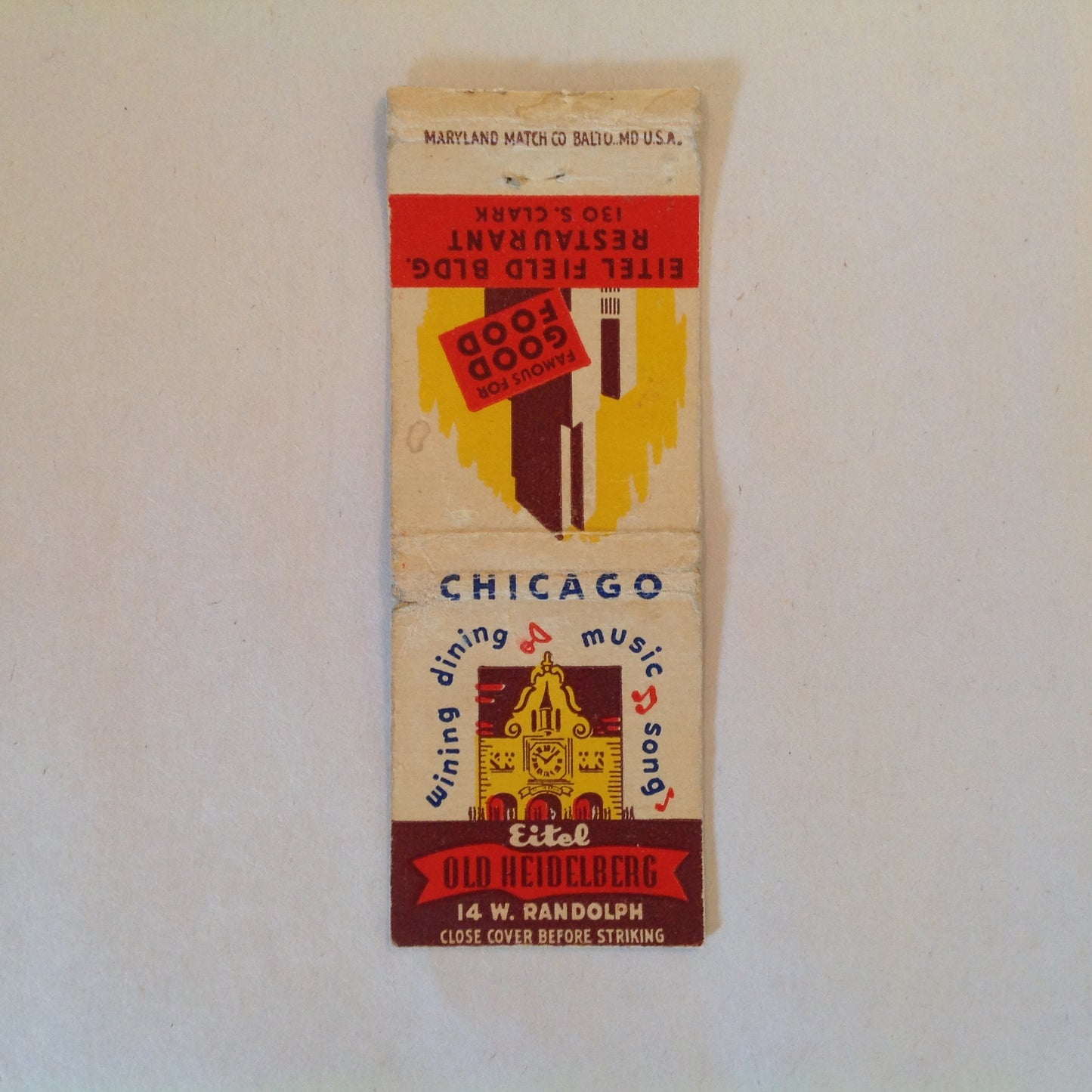 Vintage Matchbook Cover Eitel Old Heidelberg Field Bldg Restaurant Chicago Clark IL
