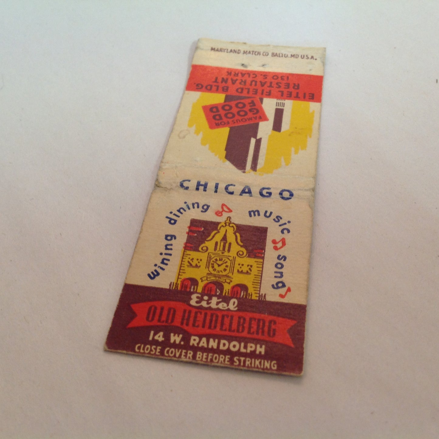 Vintage Matchbook Cover Eitel Old Heidelberg Field Bldg Restaurant Chicago Clark IL