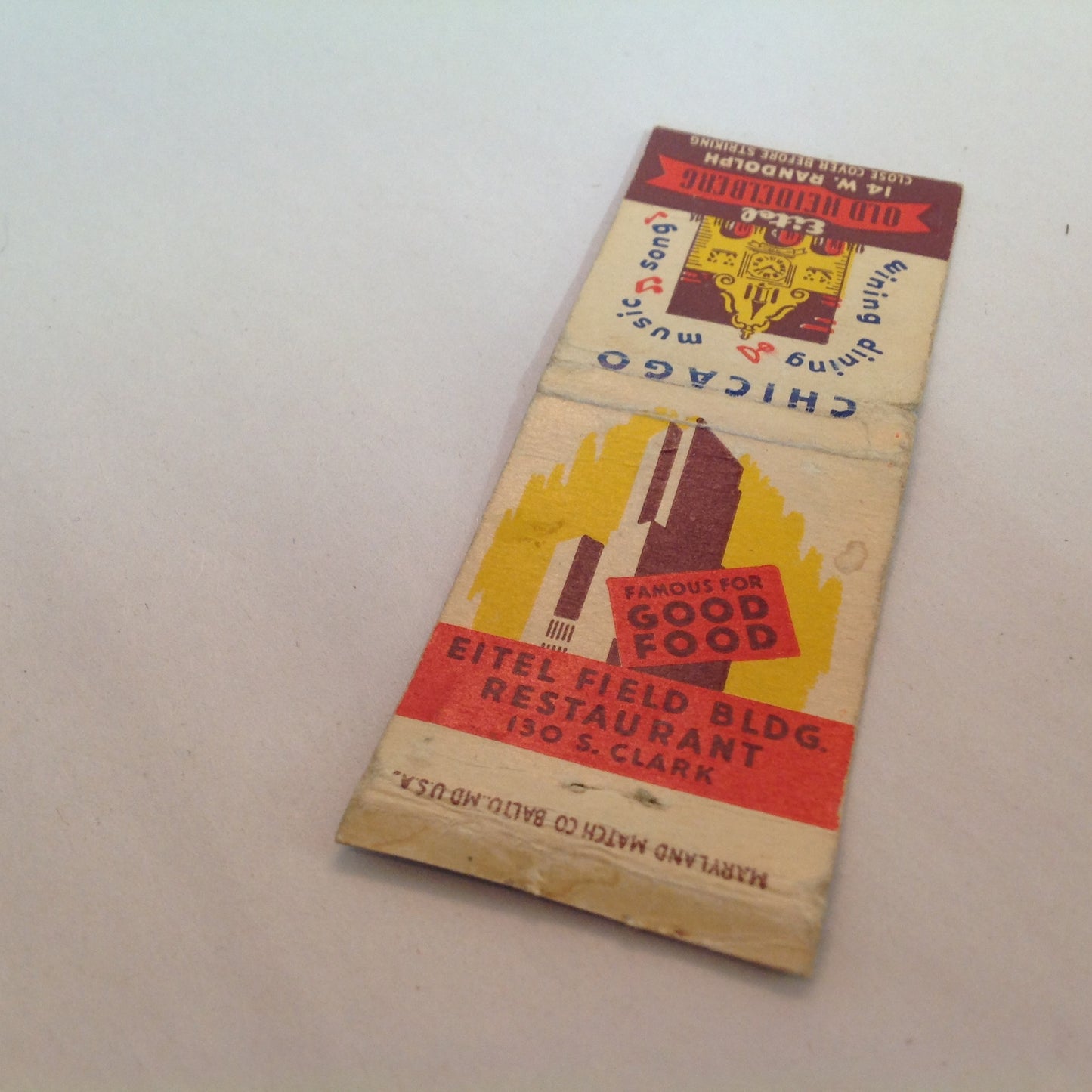 Vintage Matchbook Cover Eitel Old Heidelberg Field Bldg Restaurant Chicago Clark IL