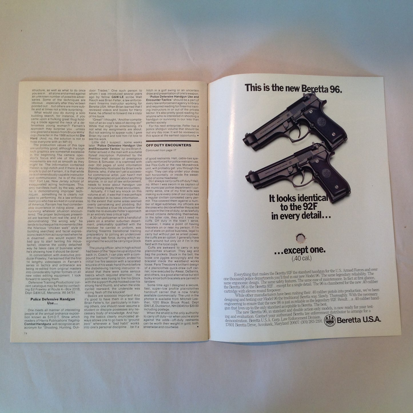 Vintage Winter 1991 Guns & Weapons For Law Enforcement Magazine New Taurus 92AF DAO 9mm Undercover Carry Gun Tests