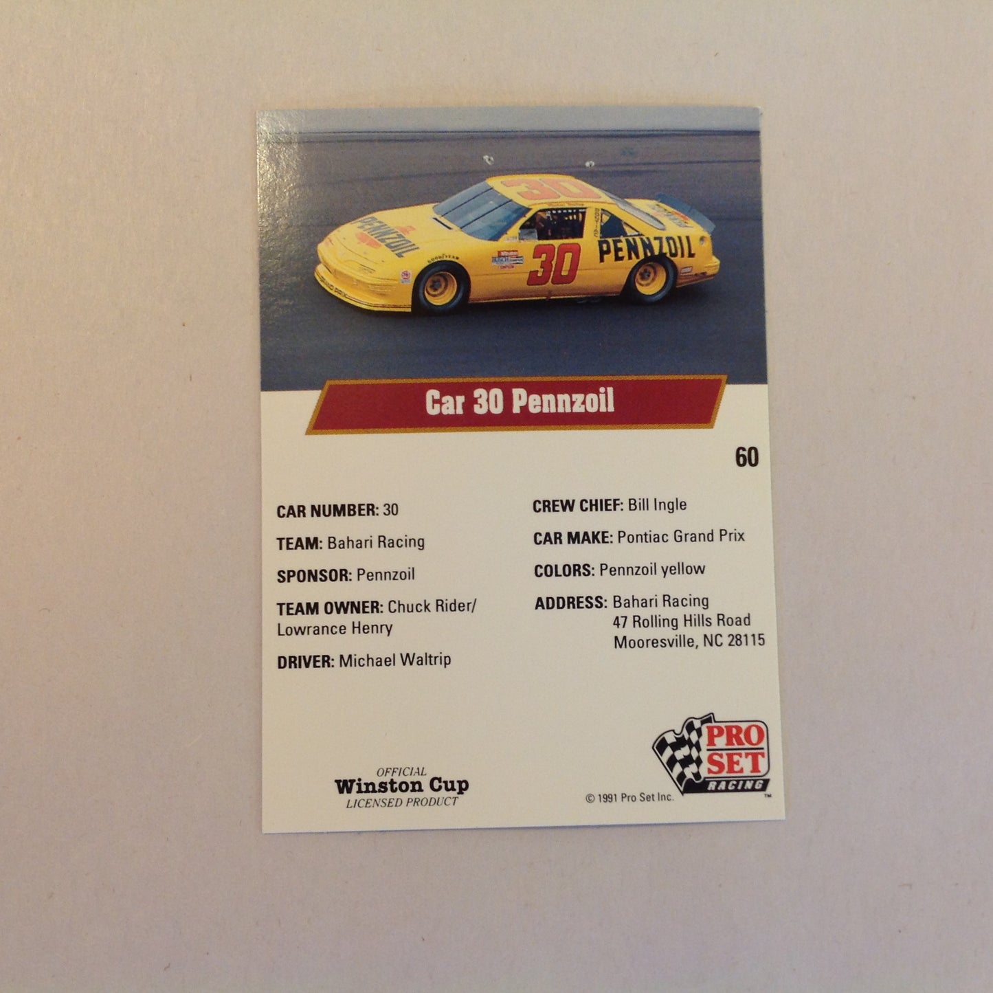 Vtg 1991 Pro Set Racing Signed Card Michael Waltrip Car 30 NASCAR Autographed