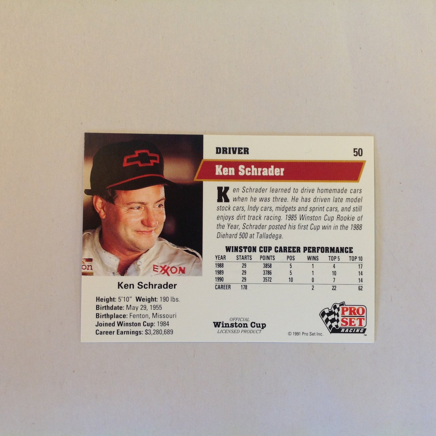 Vtg 1991 Pro Set Racing Signed Card Ken Schrader Helmet Car NASCAR Autographed