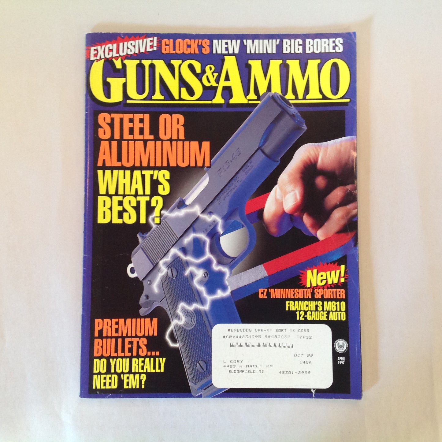 Vintage Apr 1997 Guns & Ammo Magazine Glock Mini Big Bores Steel or Aluminum Premium Bullets