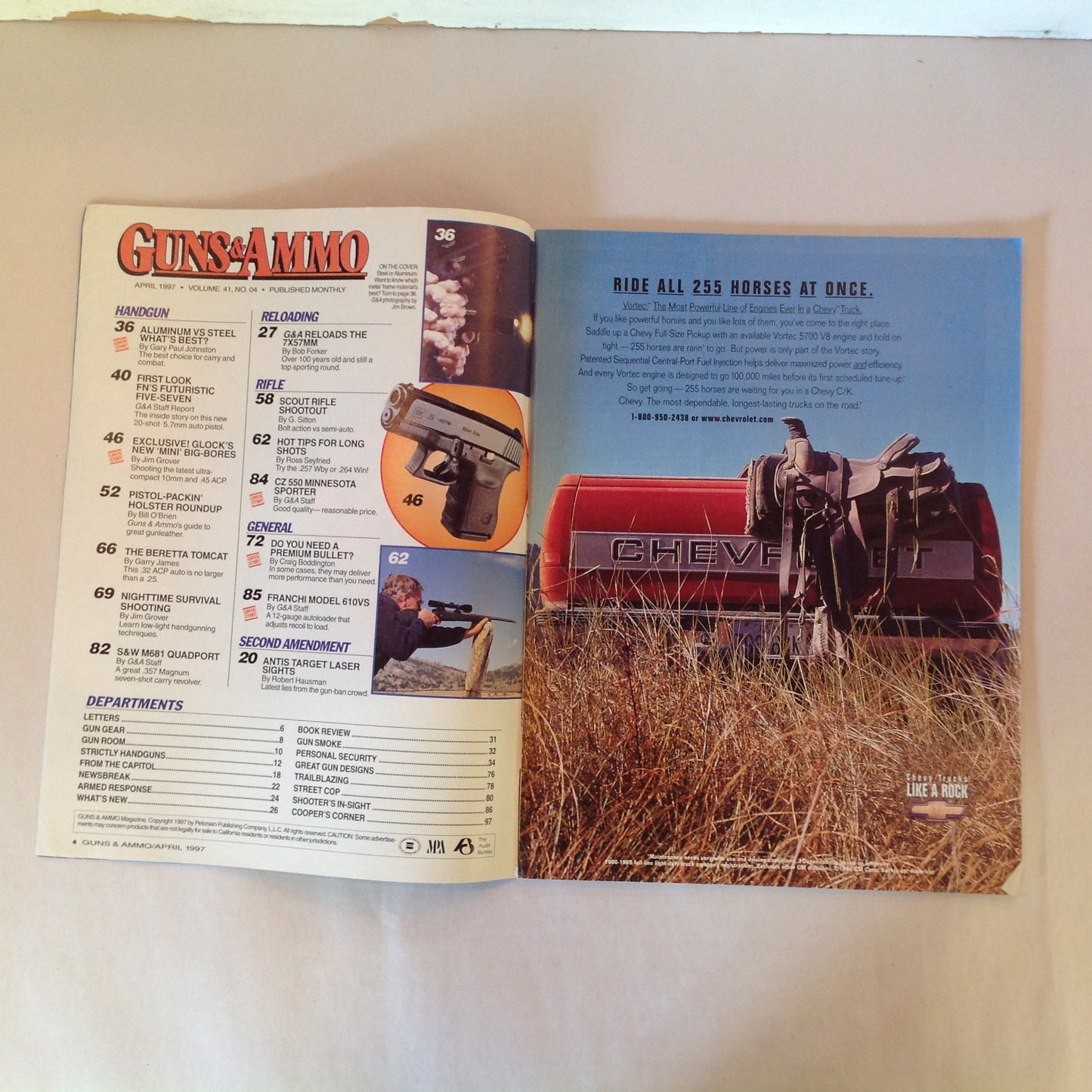 Vintage Apr 1997 Guns & Ammo Magazine Glock Mini Big Bores Steel or Aluminum Premium Bullets