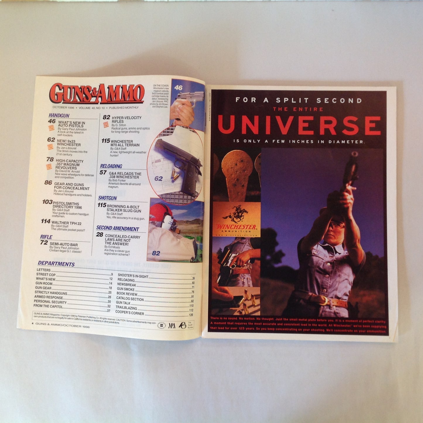 Vintage Oct 1996 Guns & Ammo Magazine Special Handgun Issue First Look 9 x 23 Magnum Combat Pistol & Cartridge