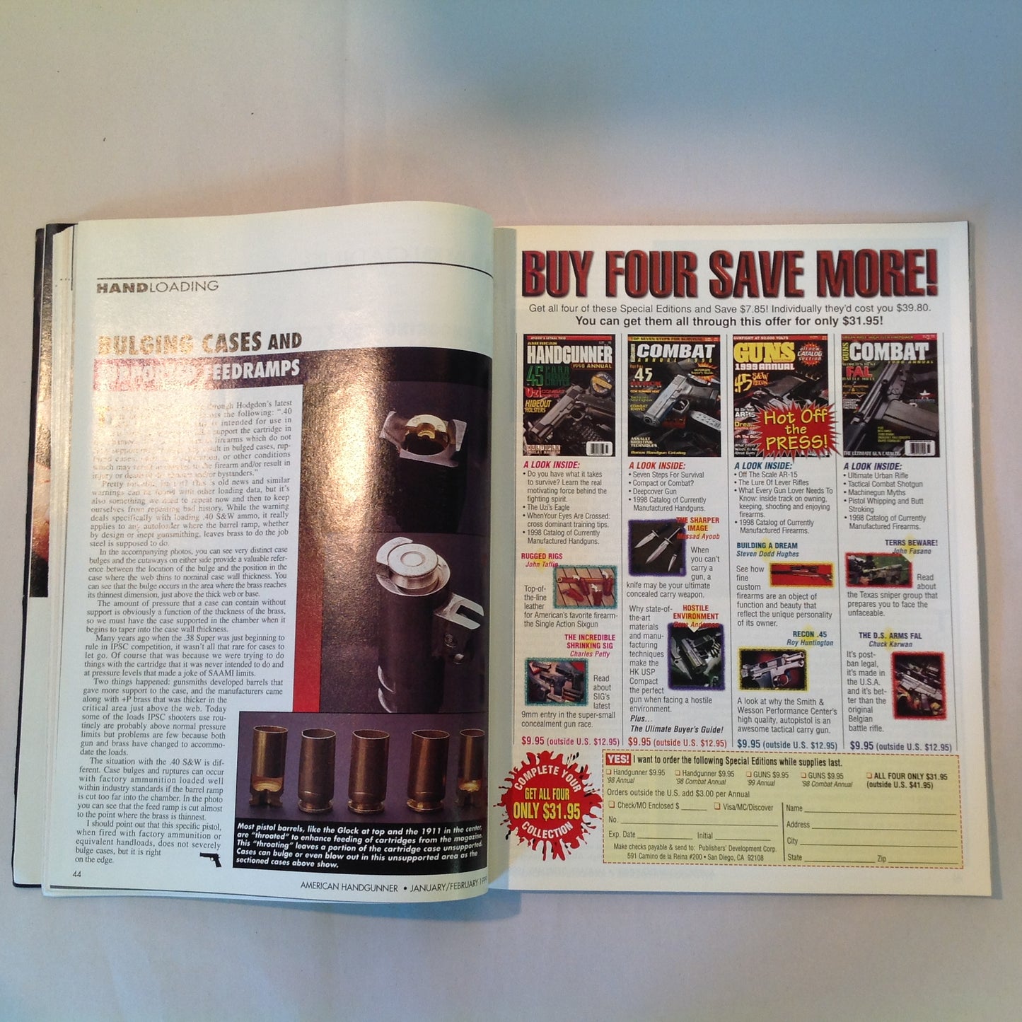 Vintage Jan/Feb 1999 American Handgunner Magazine Colt .45 Commander Top 5 Combat Knives Manstopper Ammo