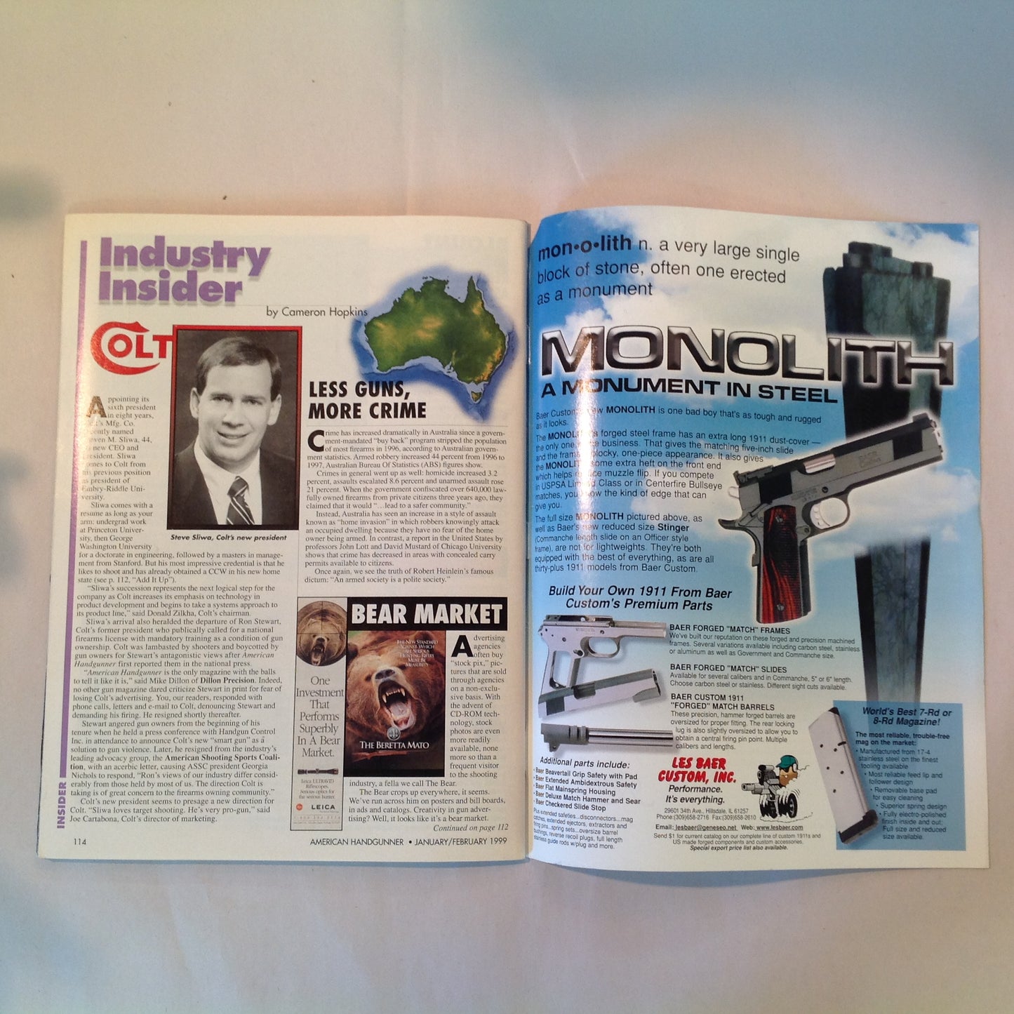 Vintage Jan/Feb 1999 American Handgunner Magazine Colt .45 Commander Top 5 Combat Knives Manstopper Ammo