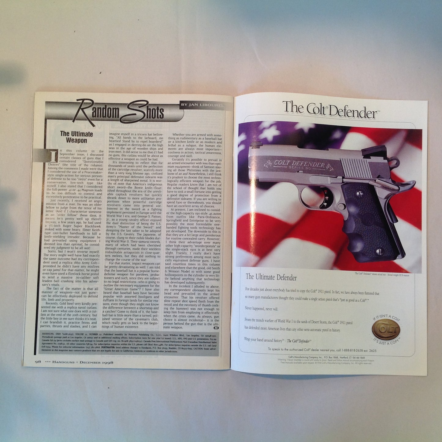 Vintage Dec 1998 Handguns Magazine Experts Pick TOP Gun Gear Cowboy Single Action New Gun Tests Arcus Bulgaria