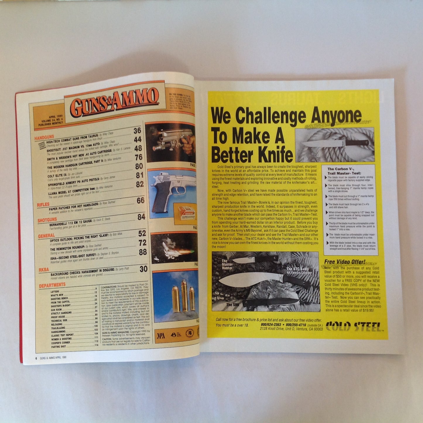 Vintage Apr 1990 Guns & Ammo Magazine S&W .40 Auto Cartridge High Tech Combat Guns from Taurus .357 Magnum Vs 10mm Auto